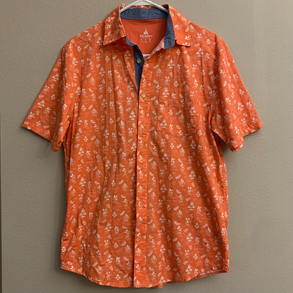 Disney Parks World Mickey Mouse Mens Hawaiian Shirt Size S Orange Coral Beach